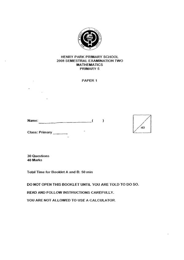 Henry Park P5 Math SA2 2008 exam paper PDF first page preview