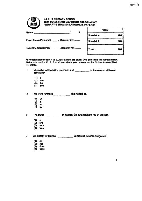 First page preview of P6 Eng 2024 WA2 — Nan Hua
