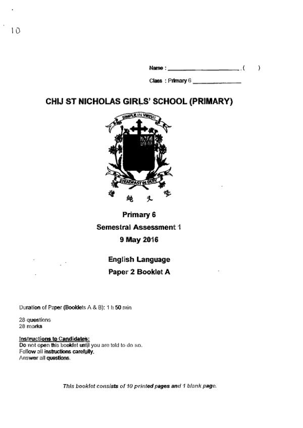 CHIJ P6 Eng WA2 2016 exam paper PDF preview