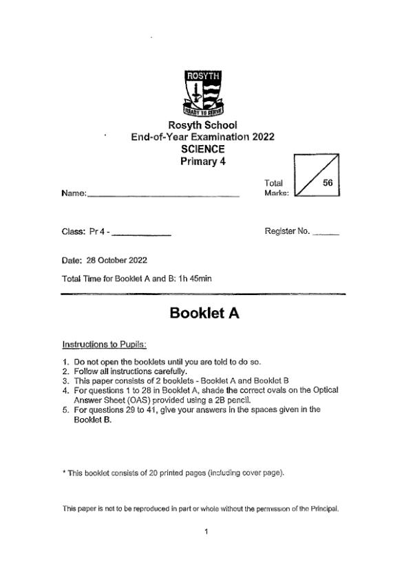 Rosyth P4 Sci SA2 2022 exam paper PDF preview