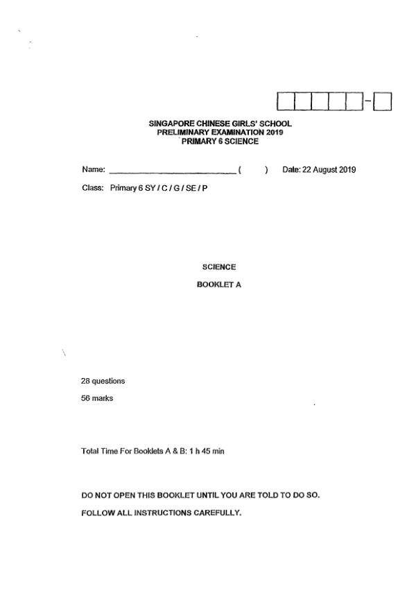 Singapore Chinese Girls P6 Sci SA2 2019 exam paper PDF preview