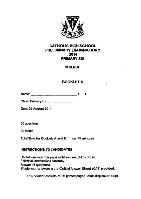 Catholic High P6 Sci SA2 2014 exam paper PDF first page preview