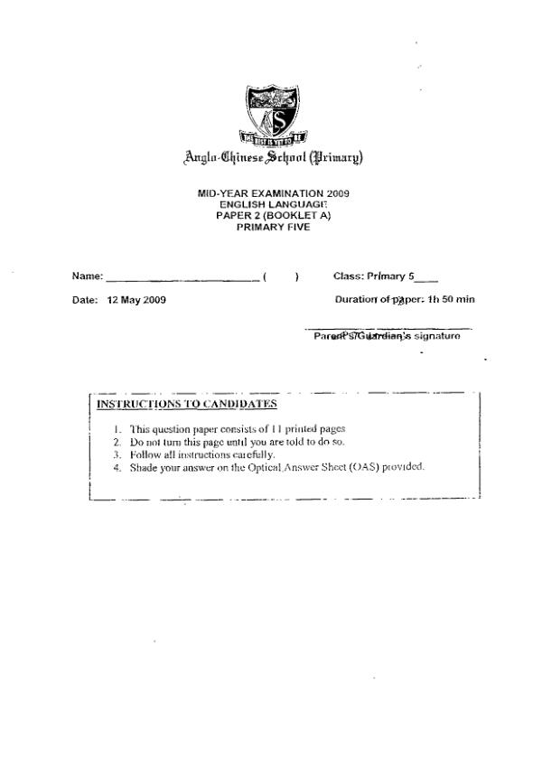 Anglo Chinese P5 Eng WA2 2009 exam paper PDF preview