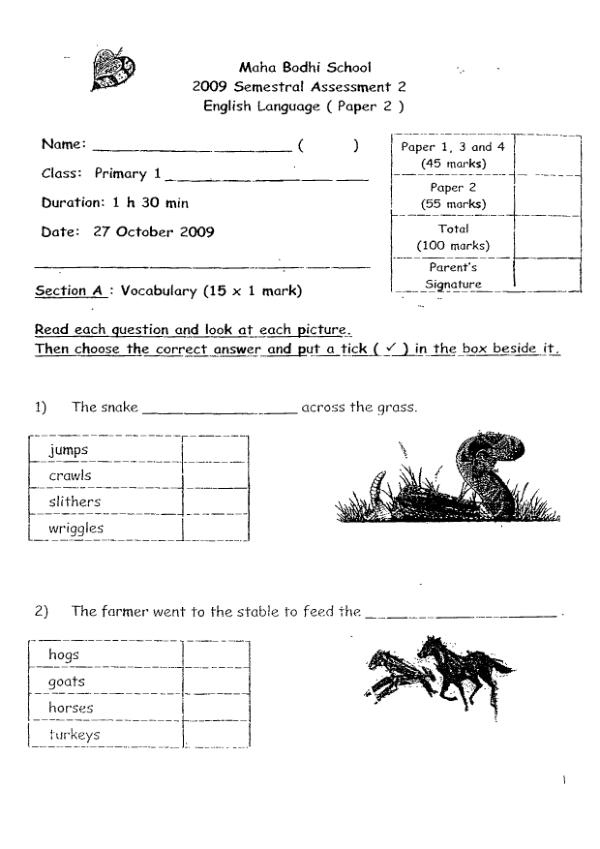 Maha Bodhi P1 Eng SA2 2009 exam paper PDF preview