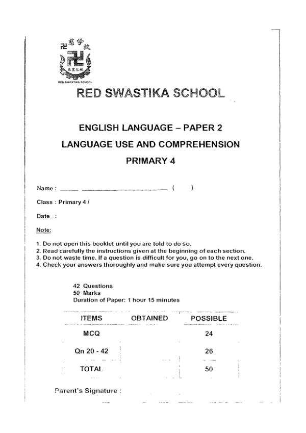 Red Swastika P4 Eng SA2 2021 exam paper PDF preview