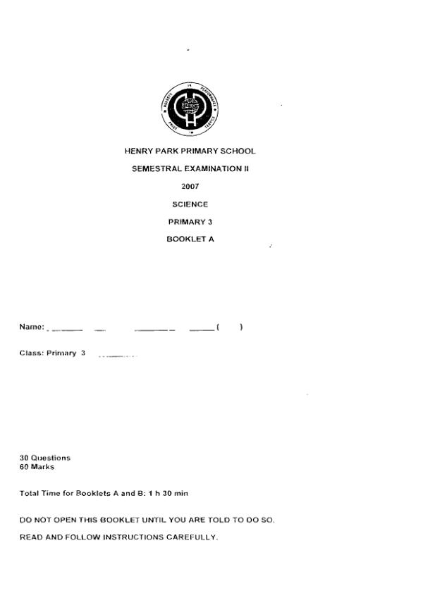 Henry Park P3 Sci SA2 2007 exam paper PDF preview