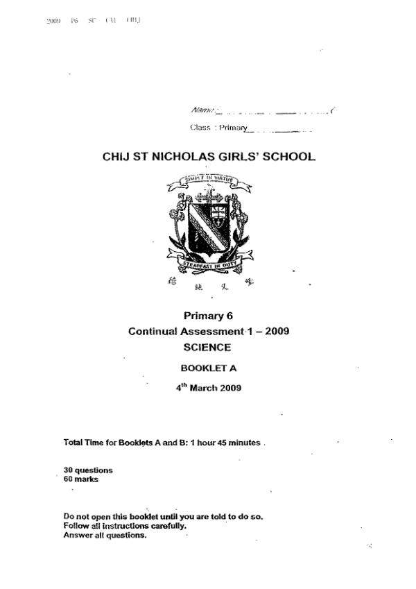 CHIJ P6 Sci WA1 2009 exam paper PDF preview