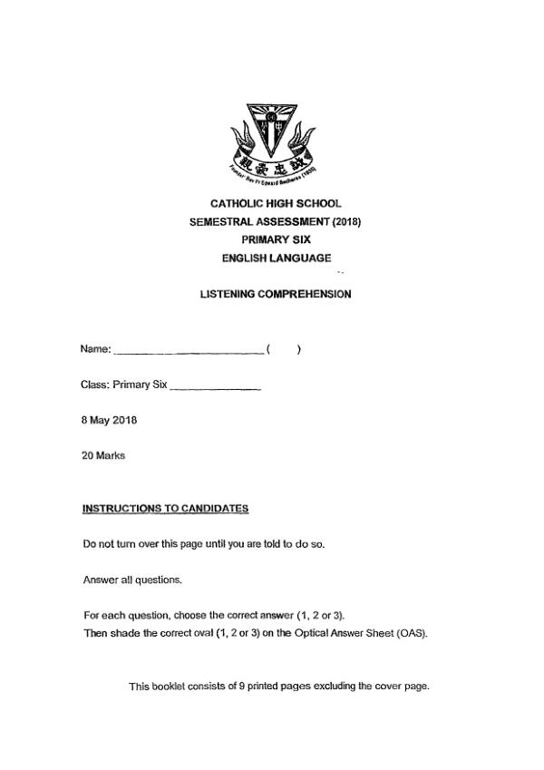 Catholic High P6 Eng WA2 2018 exam paper PDF first page preview