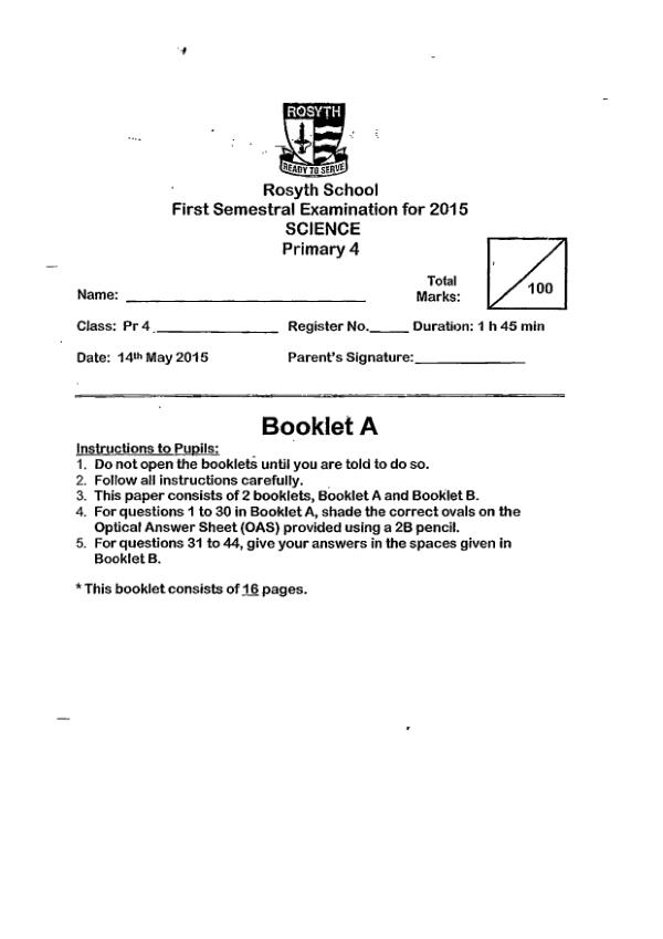Rosyth P4 Sci WA2 2015 exam paper PDF first page preview