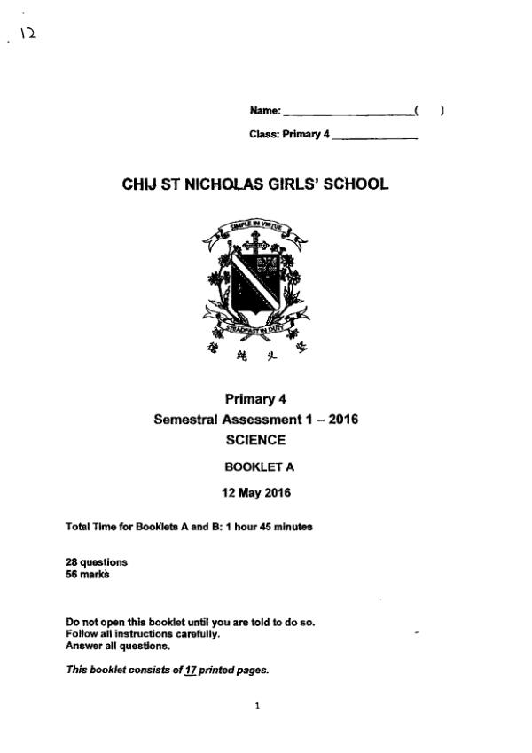 CHIJ P4 Sci WA2 2016 exam paper PDF first page preview