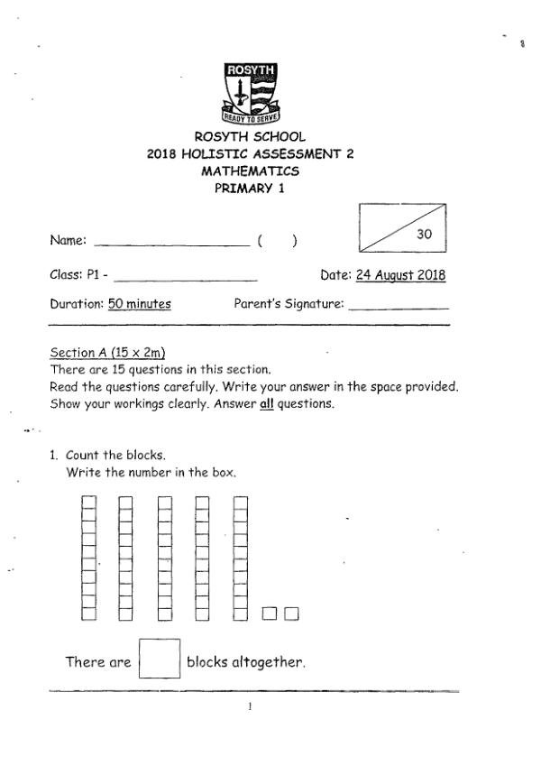 First page preview of P1 Math 2018 WA3 — Rosyth