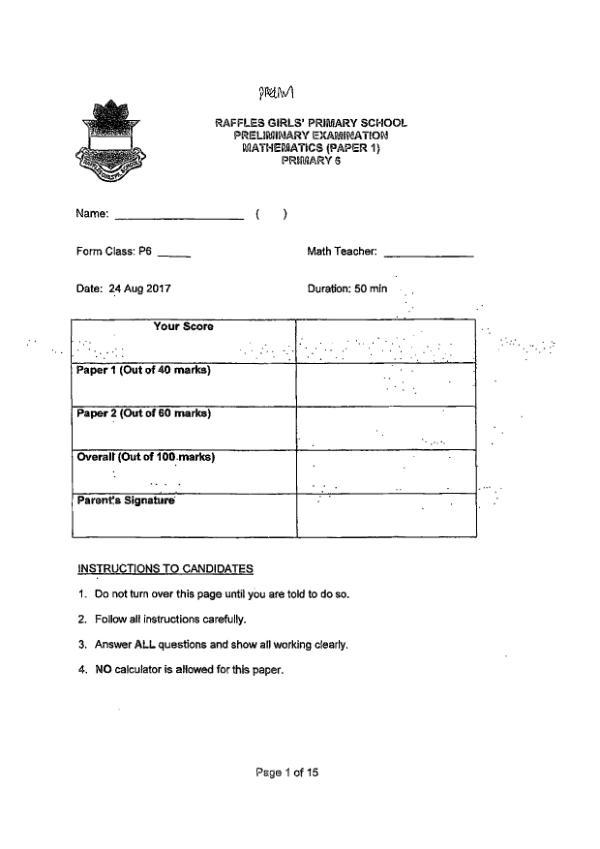 First page preview of P6 Math 2017 SA2 — Raffles Girls