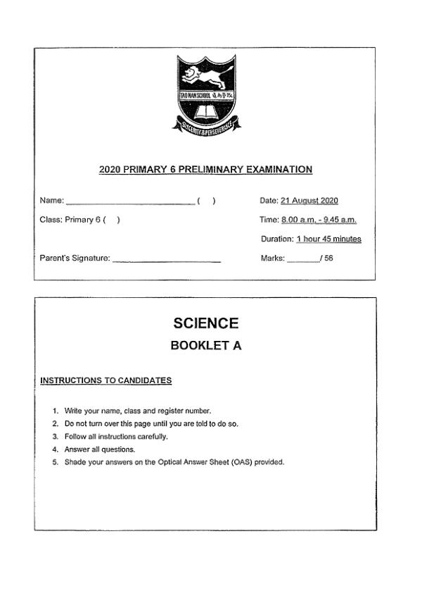 Tao Nan P6 Sci SA2 2020 exam paper PDF preview
