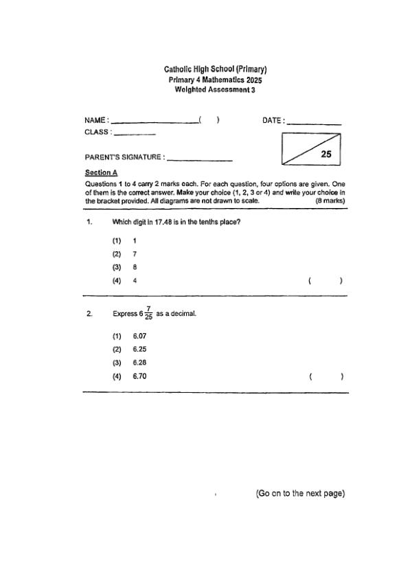 First page preview of P4 Math 2025 WA3 — Catholic High