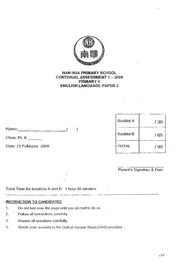 Nan Hua P6 Eng WA1 2008 exam paper PDF preview