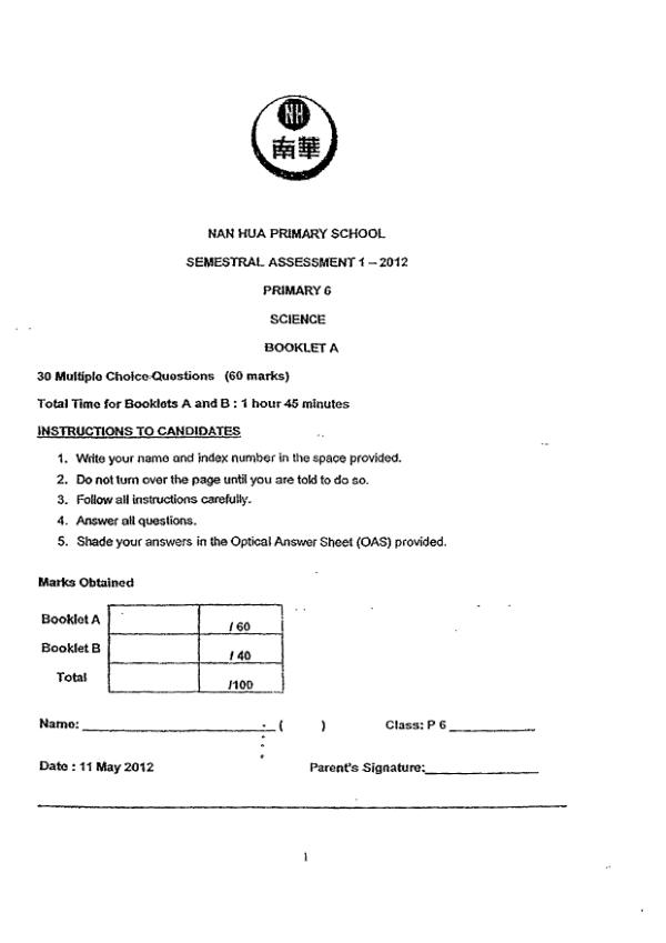 Nan Hua P6 Sci WA2 2012 exam paper PDF preview