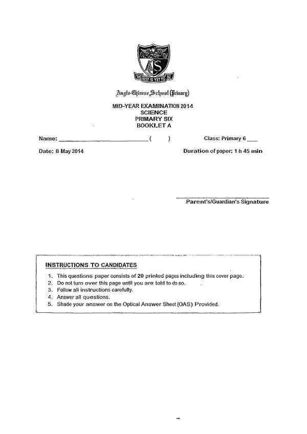 Anglo Chinese P6 Sci WA2 2014 exam paper PDF preview