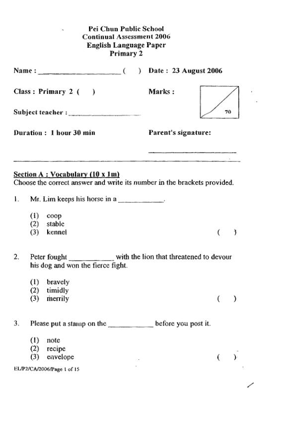 Pei Chun P2 Eng WA3 2006 exam paper PDF first page preview