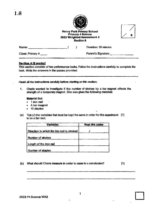 Henry Park P4 Sci WA3 2023 exam paper PDF first page preview