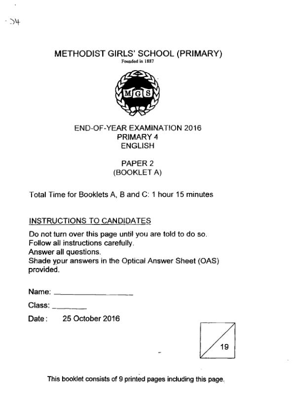 Methodist Girls P4 Eng SA2 2016 exam paper PDF first page preview