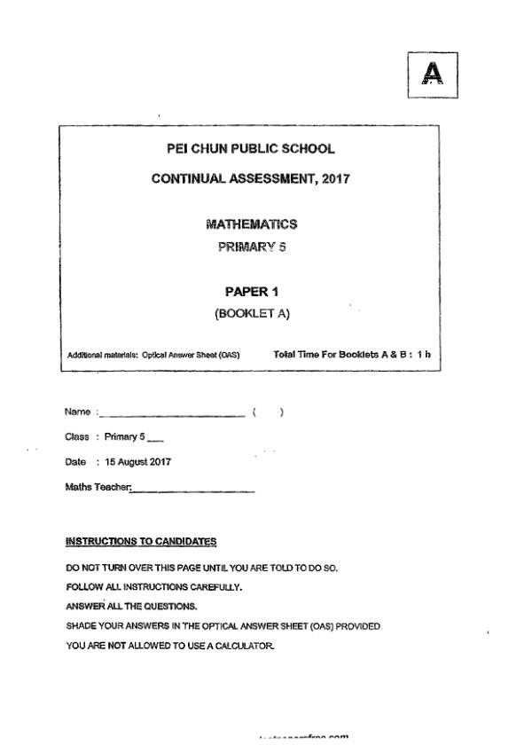 First page preview of P5 Math 2017 WA3 — Pei Chun