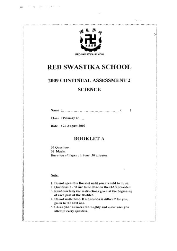 Red Swastika P4 Sci WA3 2009 exam paper PDF preview