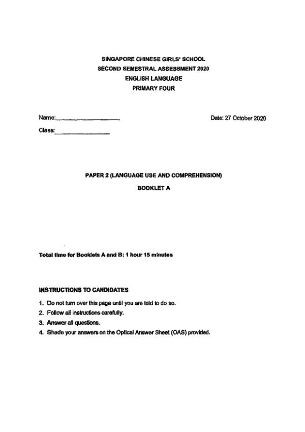 Singapore Chinese Girls P4 Eng SA2 2020 exam paper PDF preview