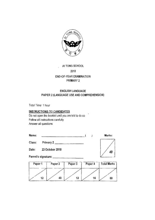 Ai Tong P2 Eng SA2 2018 exam paper PDF first page preview