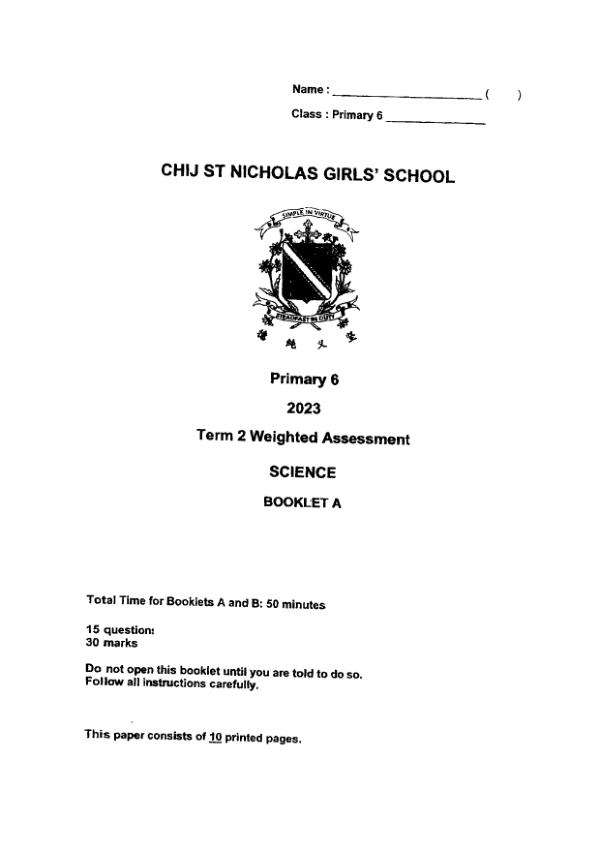 First page preview of P6 Sci 2023 WA2 — CHIJ