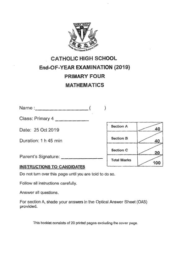 First page preview of P4 Math 2019 SA2 — Catholic High