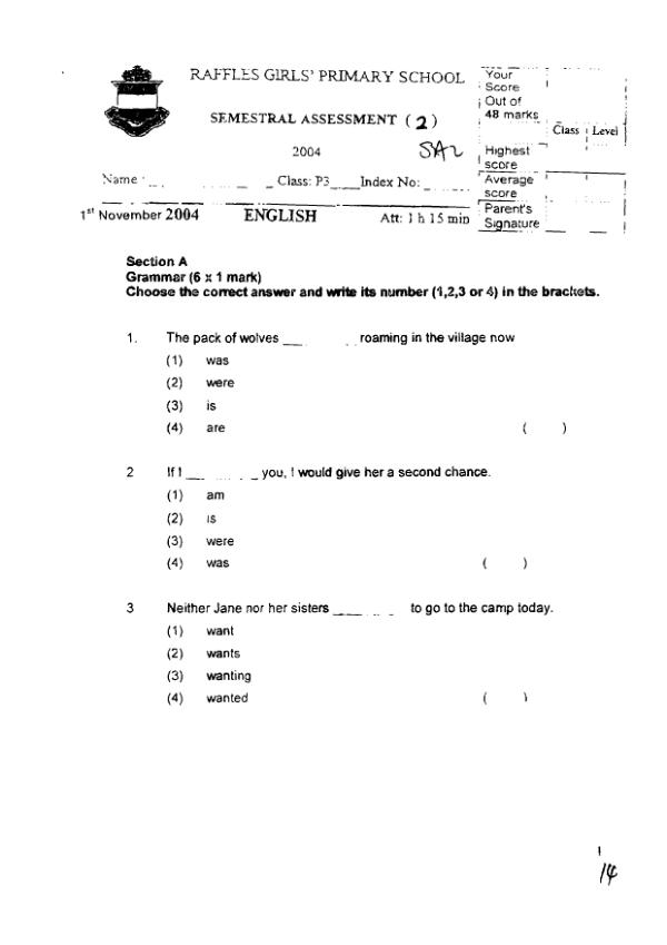 Raffles Girls P3 Eng SA2 2004 exam paper PDF first page preview