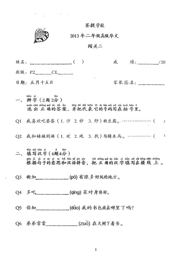 Maha Bodhi P2 Chi WA2 2013 exam paper PDF first page preview