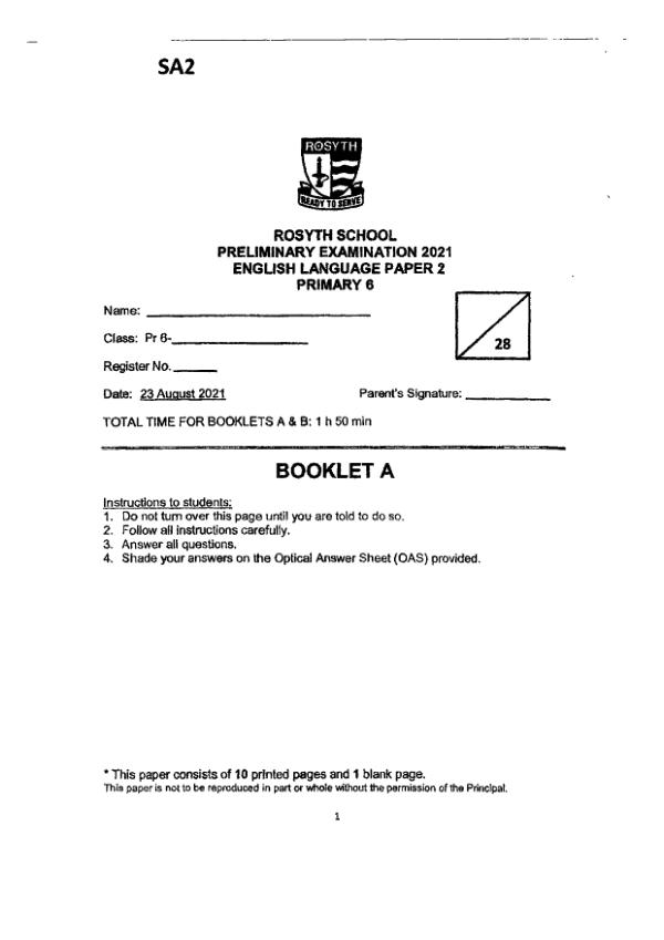 Rosyth P6 Eng SA2 2021 exam paper PDF preview