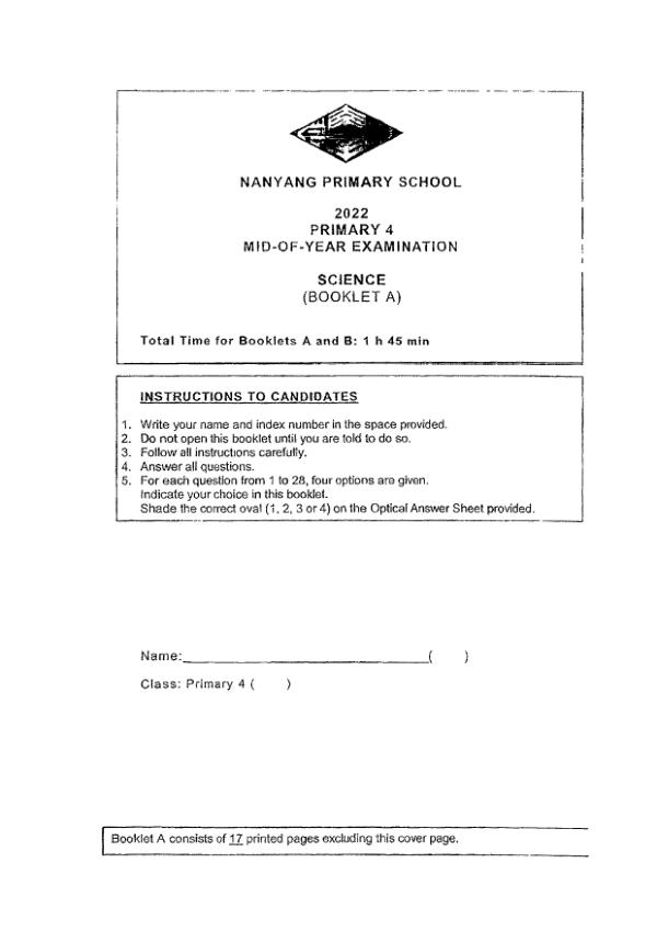Nanyang P4 Sci WA2 2022 exam paper PDF preview