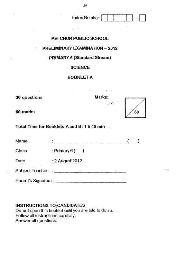 Pei Chun P6 Sci SA2 2012 exam paper PDF preview