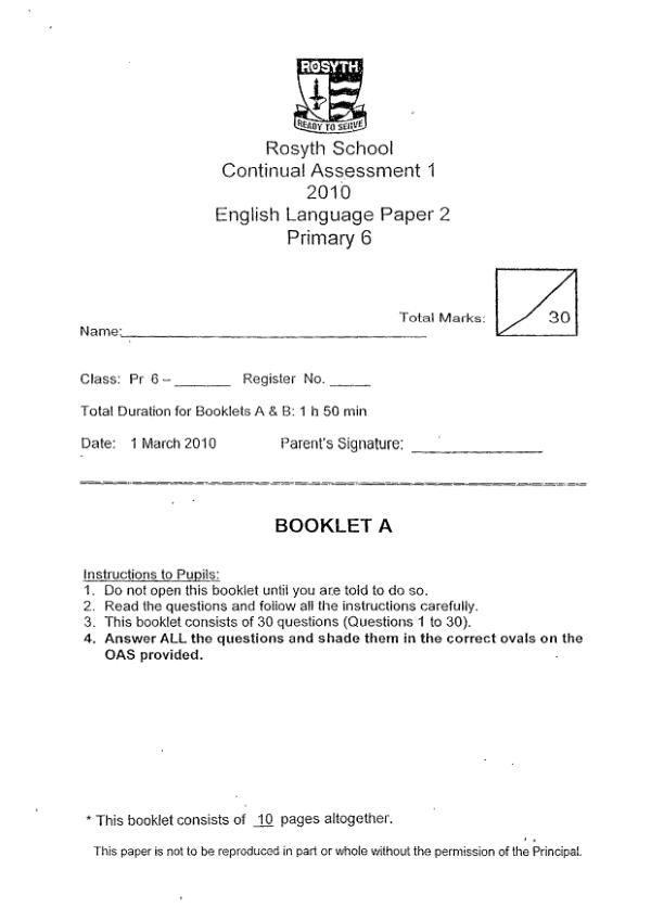 Rosyth P6 Eng WA1 2010 exam paper PDF first page preview