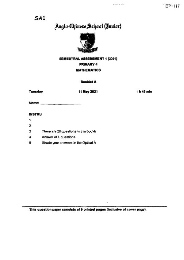 First page preview of P4 Math 2021 WA2 — Anglo Chinese