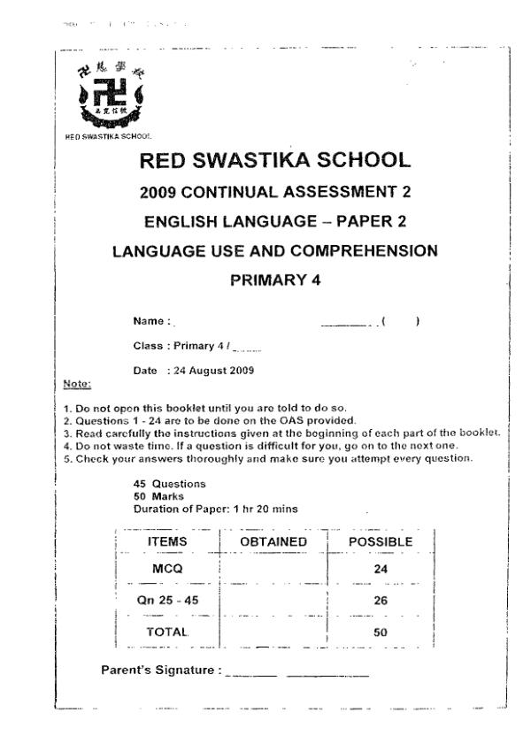 Red Swastika P4 Eng WA3 2009 exam paper PDF preview