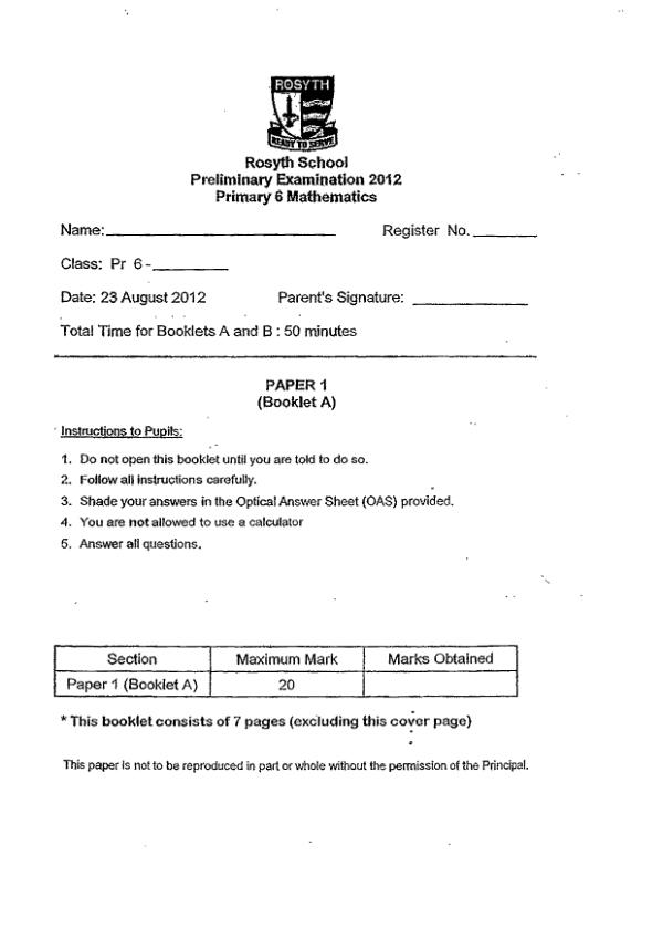 Rosyth P6 Math SA2 2012 exam paper PDF preview