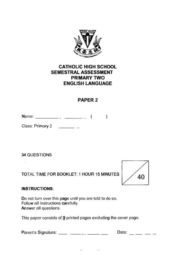 Catholic High P2 Eng WA2 2019 exam paper PDF first page preview