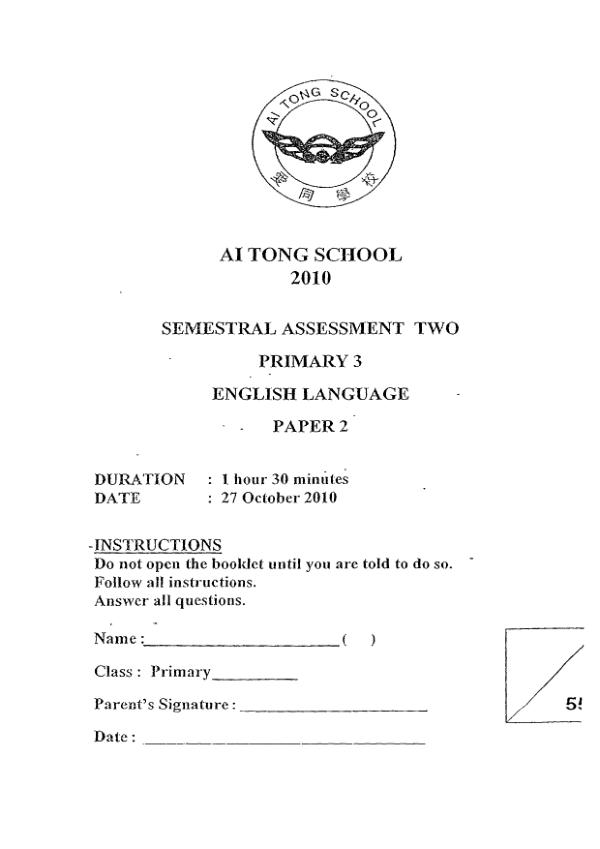 Ai Tong P3 Eng SA2 2010 exam paper PDF preview