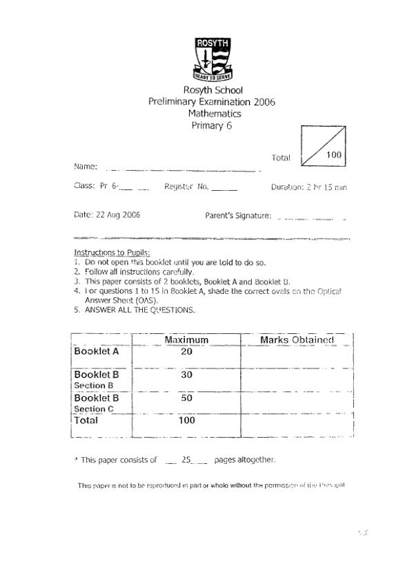 Rosyth P6 Math SA2 2006 exam paper PDF first page preview