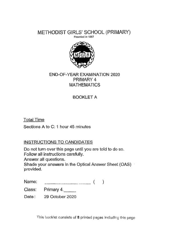 First page preview of P4 Math 2020 SA2 — Methodist Girls