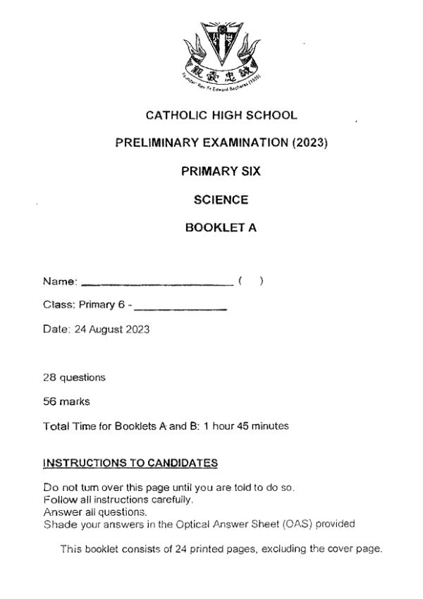 First page preview of P6 Sci 2023 SA2 — Catholic High