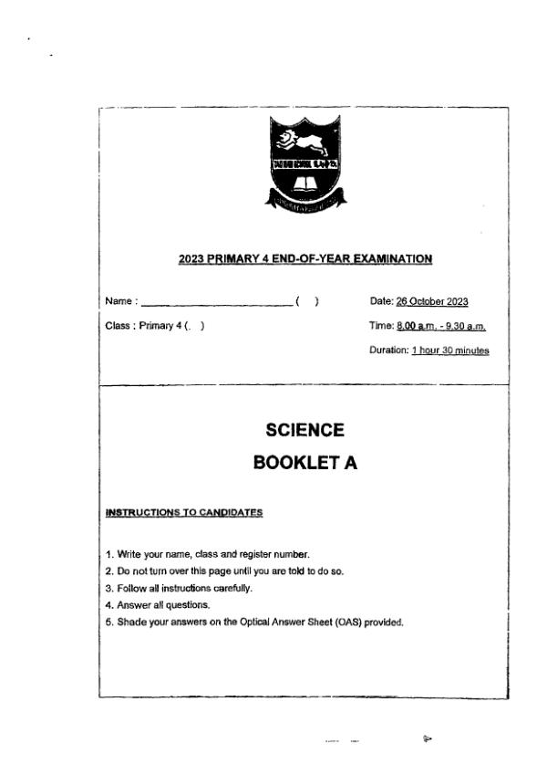 Tao Nan P4 Sci SA2 2023 exam paper PDF preview