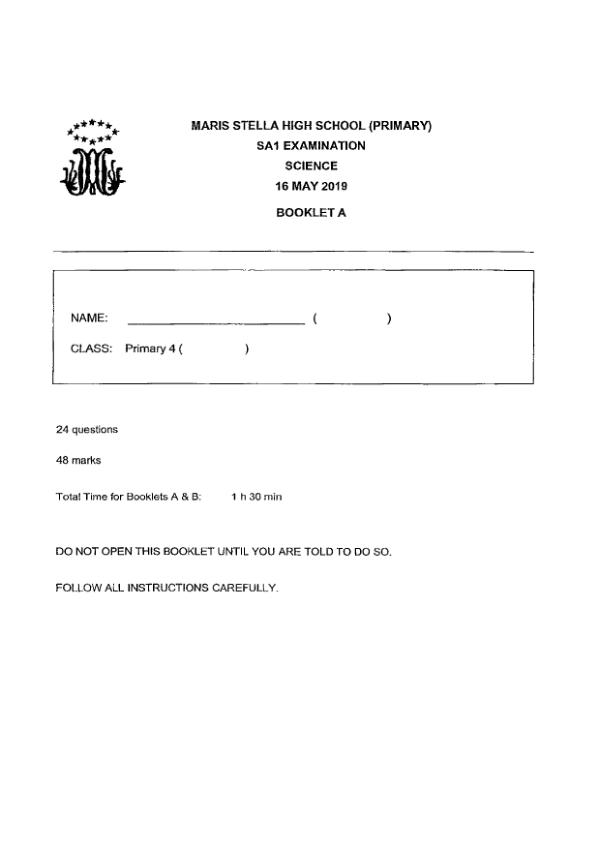 Maris Stella High P4 Sci WA2 2019 exam paper PDF first page preview