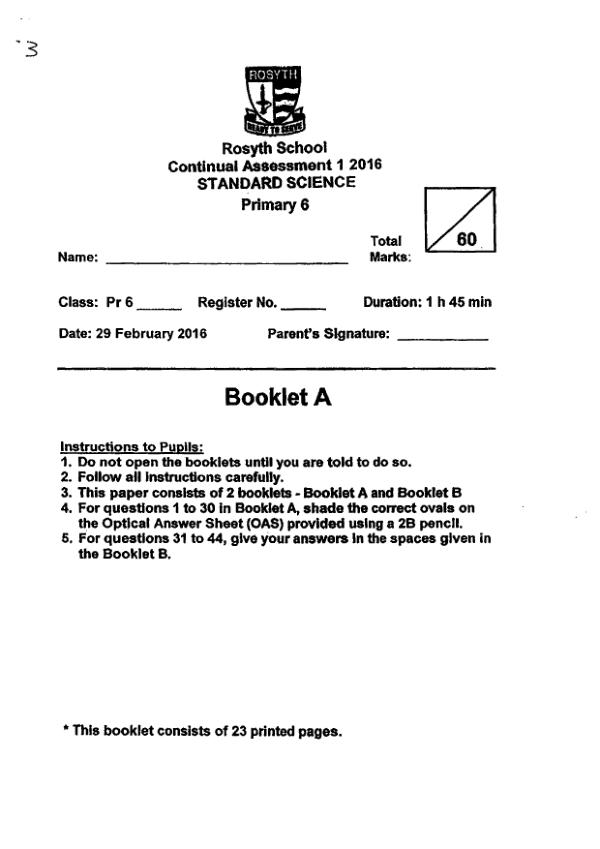 Rosyth P6 Sci WA1 2016 exam paper PDF preview