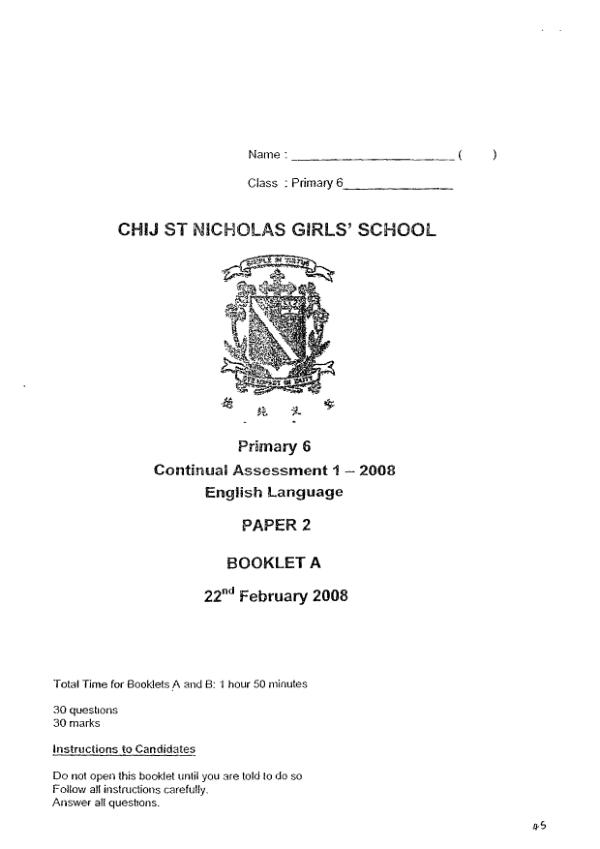 CHIJ P6 Eng WA1 2008 exam paper PDF preview
