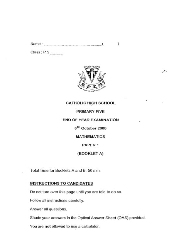 Catholic High P5 Math SA2 2008 exam paper PDF first page preview