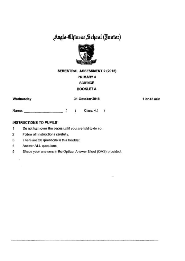 Anglo Chinese P4 Sci SA2 2018 exam paper PDF first page preview
